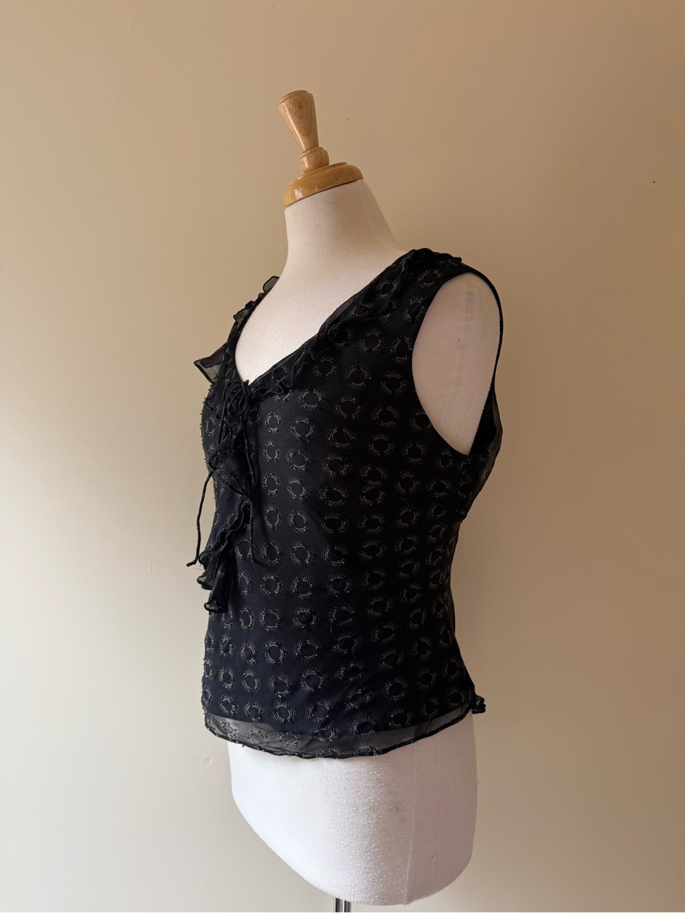 Vision Apparel Vintage 100% Silk Black Ruffle Beaded Blouse Y2K